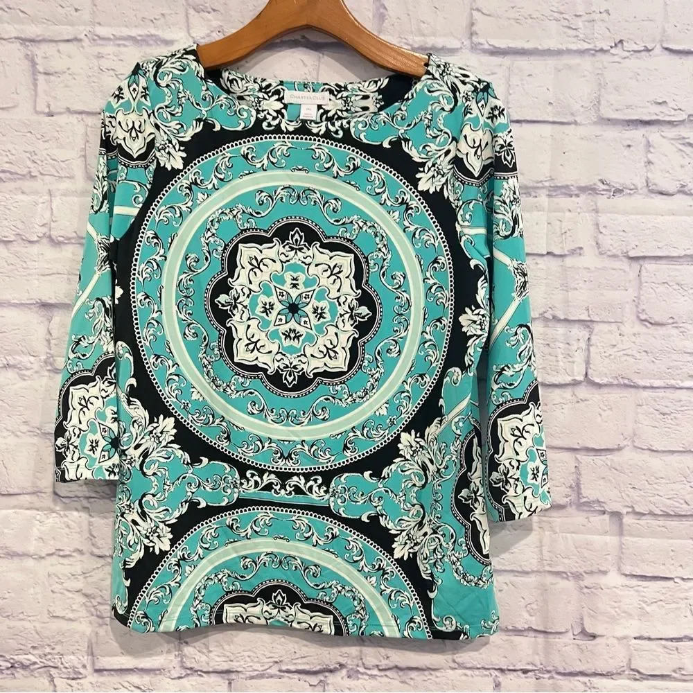 Charter Club Women’s Petite‎ Blouse Slimming Blue Turquoise Medallion